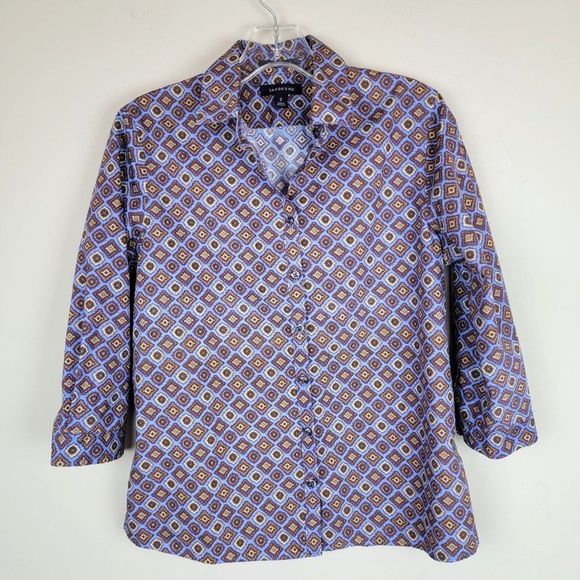 Lands' End Blue Purple Non Iron Supima Cotton Button Down 3/4 Sleeve Shirt 2 - Picture 1 of 11